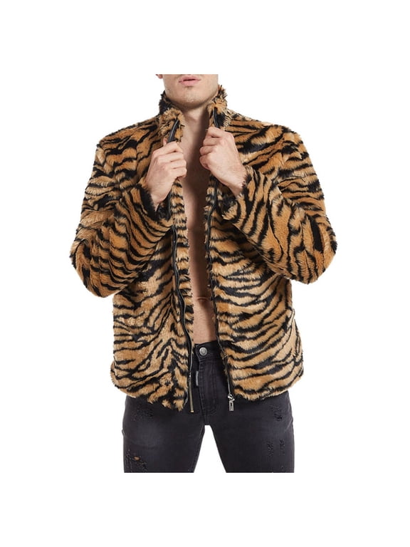 ZVNAΖH Mens Warm Faux Fur Coat Full Zip Leopard Print Outerwear Winter Stand Collar Fuzzy Coat