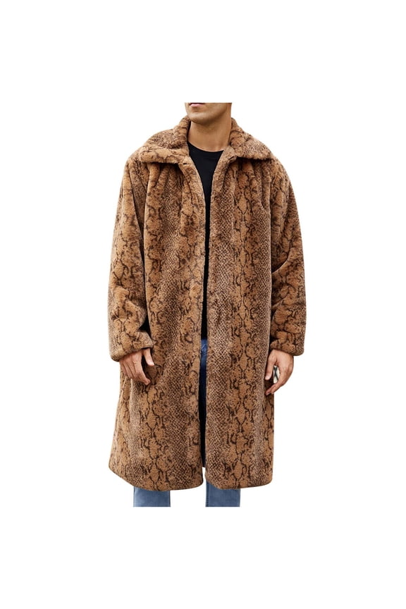 ZVNAΖH Mens Warm Faux Fur Jacket Furry Long Coat Winter Leopard Turn Down Collar Outerwear