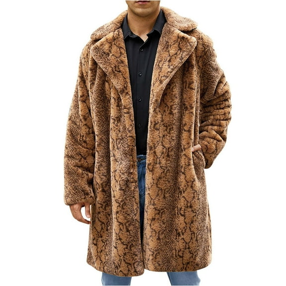 ZVNAΖH Mens Winter Warm Leopard Faux Fur Long Length Luxury Outerwear Coat Jacket