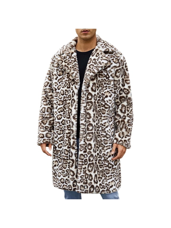 ZVNAΖH Mens Winter Warm Leopard Faux Fur Long Length Luxury Outerwear Coat Jacket