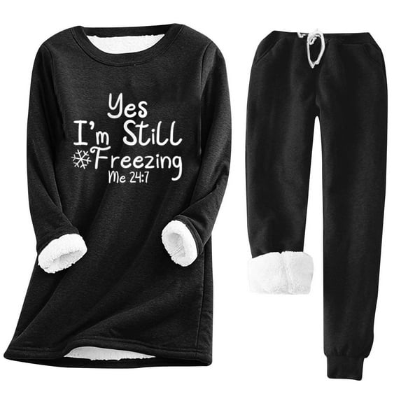 ZVNAΖH Thermal Lounge Wear for Women Lined Fleece Sweatshirt Winter Warm Homewear Set Pajamas Set