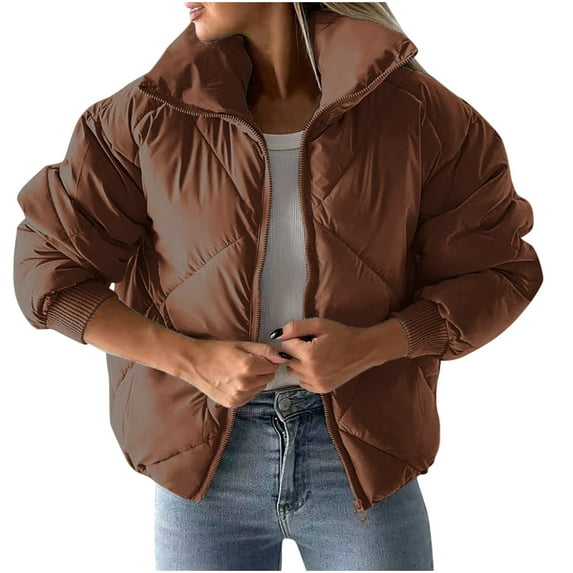 Christmas Clearance! ZVNAΖH Womens Puffer Jacket Cropped Zip Up Quilted Jacket Stand Collar Winter Coat Casual Padded Jacket Fashion Overcoat