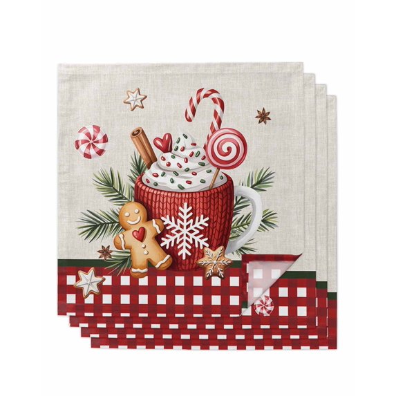 Christmas Cloth Napkins Set of 4 Reusable Dinner Napkins, Retro Winter Ice Cream Snowflakes Needles Plaid Cocktail Napkin Washable Table Napkins for Wedding/Holiday Party/Baby Shower 20"x20"