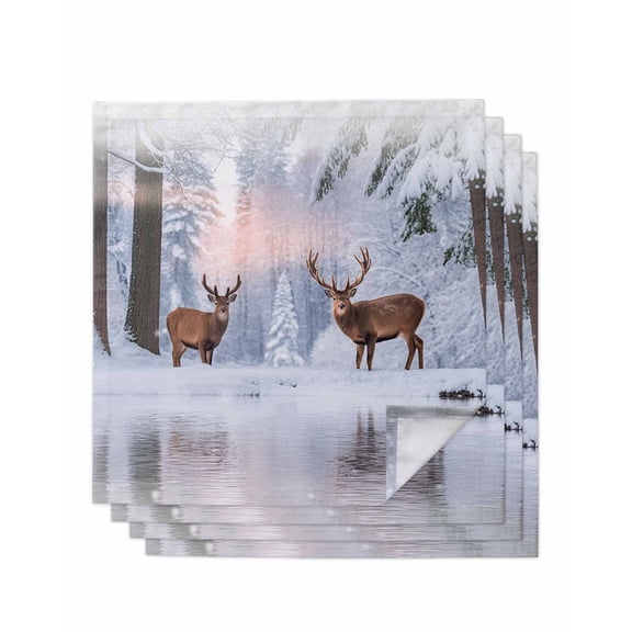 Christmas Cloth Napkins Set of 4 Reusable Dinner Napkins, Winter Elk Snowy Forest Sunset Natural Scenery Cocktail Napkin Washable Table Napkins for Wedding/Holiday Party/Baby Shower 20"x20"