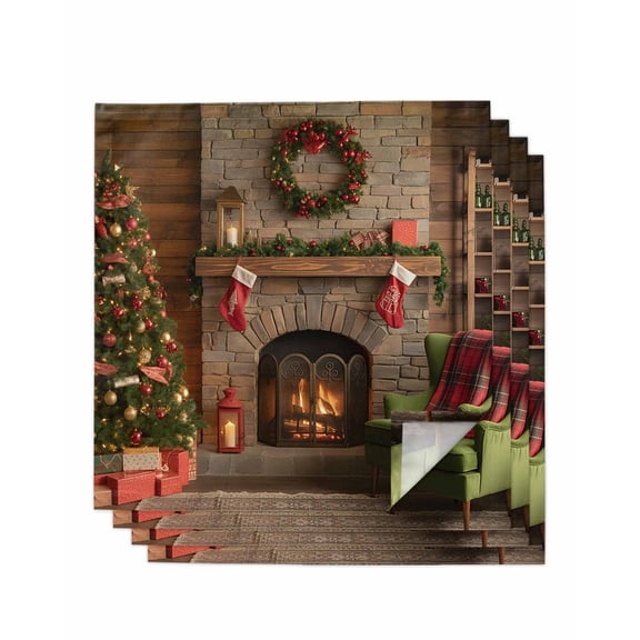 Christmas Cloth Napkins Set of 4 Reusable Dinner Napkins, Winter Fireplace Wreath Modern Xmas Scenery Cocktail Napkin Washable Table Napkins for Wedding/Holiday Party/Baby Shower 20"x20"