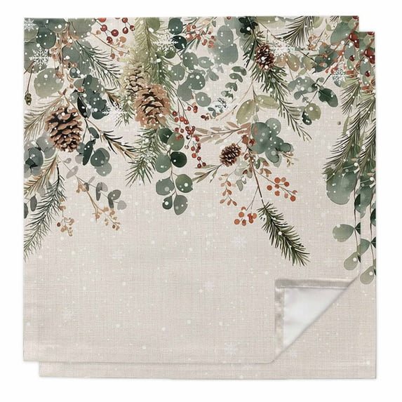 Christmas Cloth Napkins Washable Set of 2, Xmas Botanical Pinecone Eucalyptus Leaves Rustic Reusable Dinner Table Napkins Cloth Bulk for Weddings Kitchen Restaurants Hotel Events Party 20 x 20 Inch