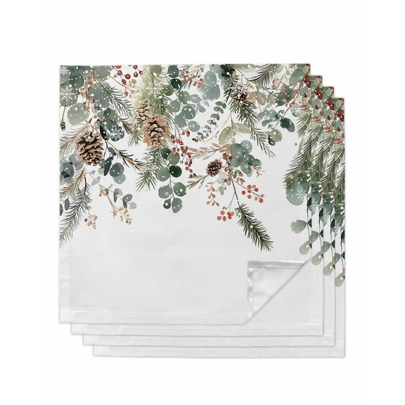 Christmas Cloth Napkins Washable Set of 4, Xmas Botanical Pinecone Eucalyptus Leaves Reusable Dinner Table Napkins Cloth Bulk for Weddings Kitchen Restaurants Hotel Events Parties 20 x 20 Inch