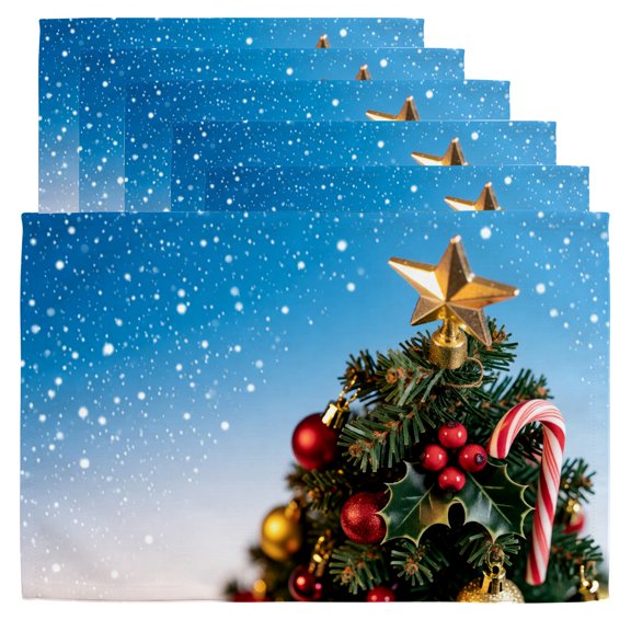 Christmas Cloth Placemats A Christmas tree decorated with red and gold ornaments,6 Pack,12x18 in,Dining Mats