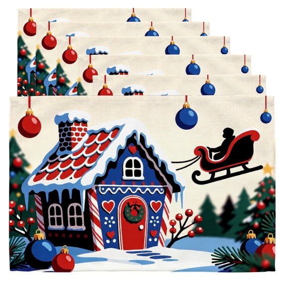 Christmas Cloth Placemats A drawing of a house with a santa sleigh,6 ...