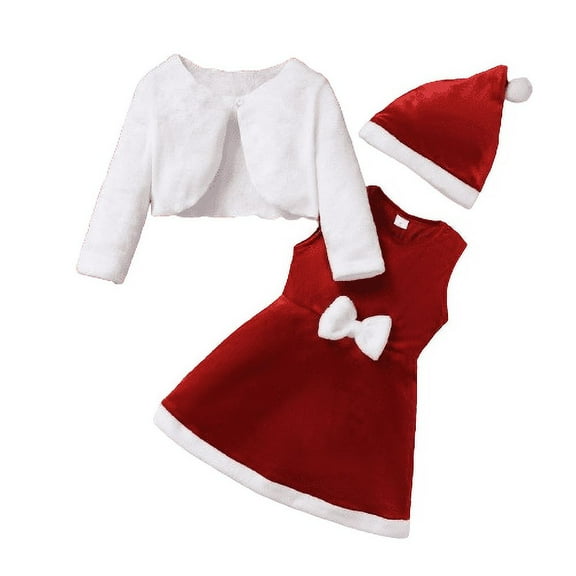 Christmas Clothes For 4T 5T 6T 7T Kid Toddler Girls Sleeveless Velvet Dress   Plush Cardigan Coat   Santa Hat 3Pcs Cute Outfits 6 Years Red
