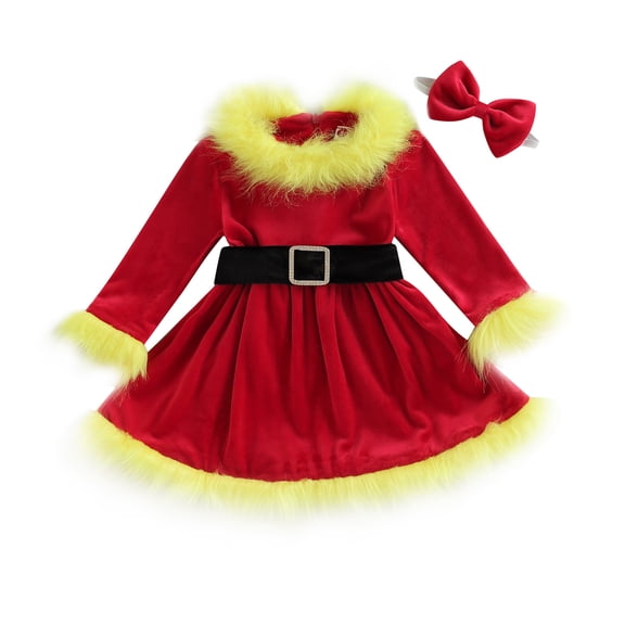 Christmas Clothes Set 12M 18M 24M 3Y 4Y 5Y 6Y Faux Fur Patchwork Long Sleeve Off Shoulder A-Line Dress with Belt   Bow Headband