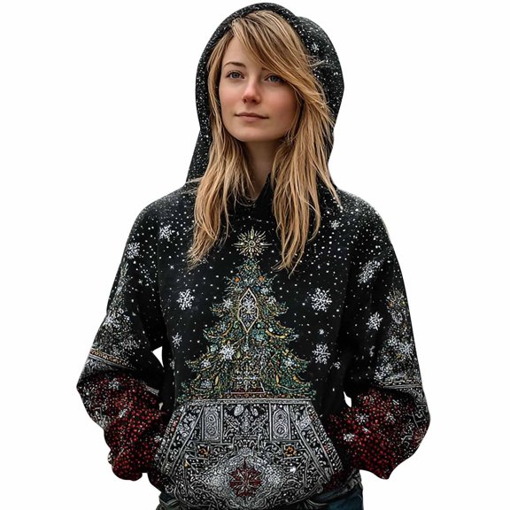 Christmas Clothes Womens Long Sleeve Oversized Graphic Hoodie Xmas Tree Printed Pullover Sweatshirts Loose Tops (XL, Black #A)