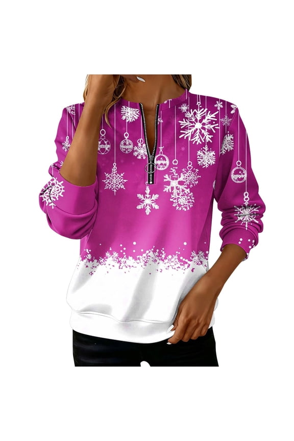 Christmas Clothes for Women 1/4 Zip Pullover Graphic Crewneck Sweatshirt Snowflakes Xmas Holiday Tops Loose (L, Purple 01)