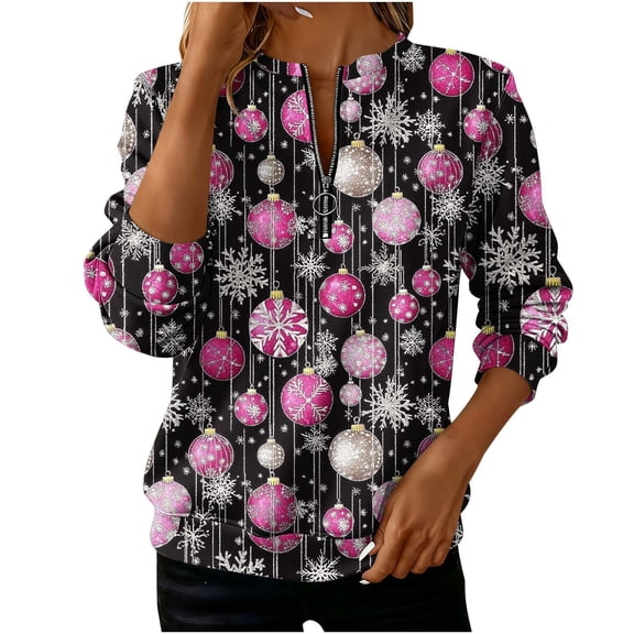 Christmas Clothes for Women 1/4 Zip Pullover Graphic Crewneck Sweatshirt Snowflakes Xmas Holiday Tops Loose (XL, Pink)