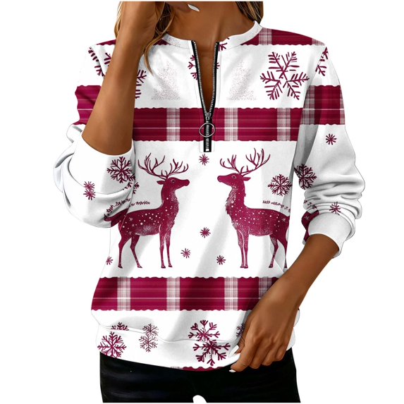 Christmas Clothes for Women 1/4 Zip Pullover Graphic Crewneck Sweatshirt Snowflakes Xmas Holiday Tops Loose (XL, White 01)
