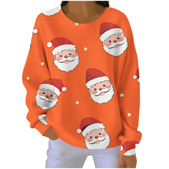 Christmas Clothes for Women Ribbed Knit Trendy Sweatshirt Pullover Loose Crewneck Santa Claus Printed Holiday Tops (M, Orange)
