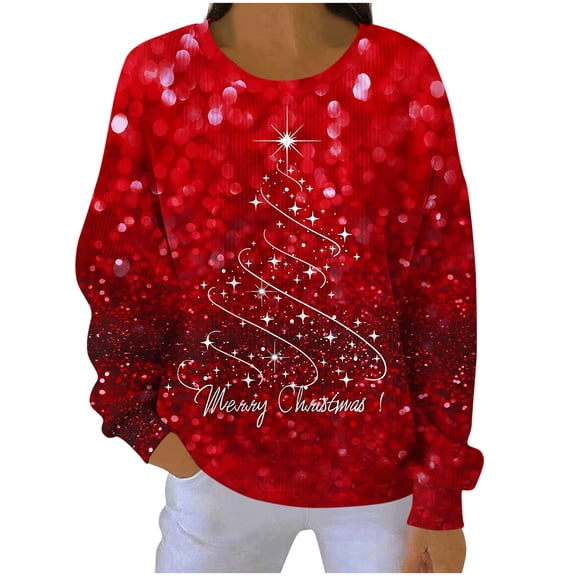 Christmas Clothes for Women Ribbed Knit Trendy Sweatshirt Pullover Loose Crewneck Santa Claus Printed Holiday Tops (S, Red 02)
