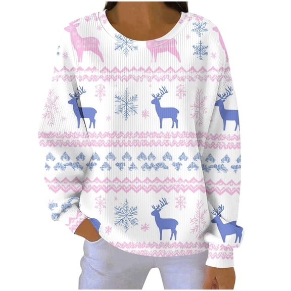 Christmas Clothes for Women Ribbed Knit Trendy Sweatshirt Pullover Loose Crewneck Santa Claus Printed Holiday Tops (S, White)