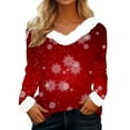 thumbnail image 1 of Christmas Clothes for Women, Women's Faux Furry Trim V Neck Blouse Long Sleeve Xmas Graphic Tee Holiday Tops (XL, Red), 1 of 5