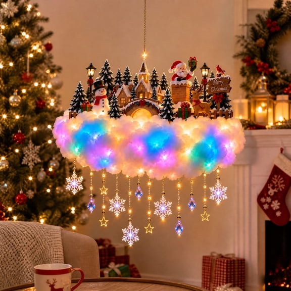 Christmas Cloud Hanging Ornament with Snowman Village Scene, Christmas Decorations Multi-color LED, Wall Decor for Home, Party
