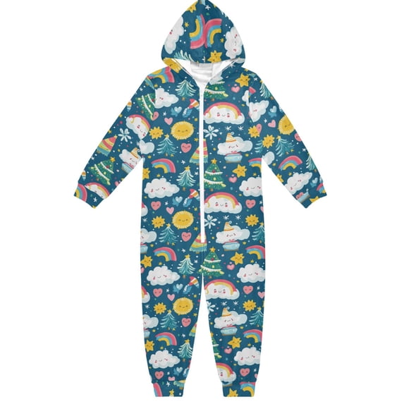Christmas Cloud Pattern One Piece Pajamas Soft Jumpsuit Cozy Sleep and Play Romper Zipper and Pockets 13Y-14Y