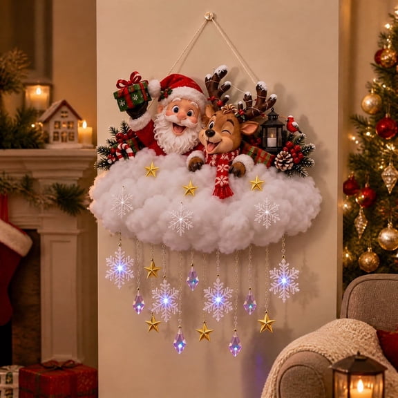 Christmas Cloud with Santa Claus Reindeer, Christmas Decorations Multi-color LED, Hanging Ornament Wall Decor for Home, Party
