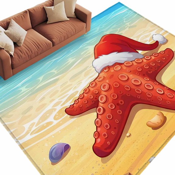 Christmas Coastal Area Rug 8x10 Washable Rug Non Slip Winter Cartoon Beach Ocean Wave Starfish Large Area Rug Soft Stainresistant Indoor Carpet for Living Room Bedroom Office Dining Room Nursery