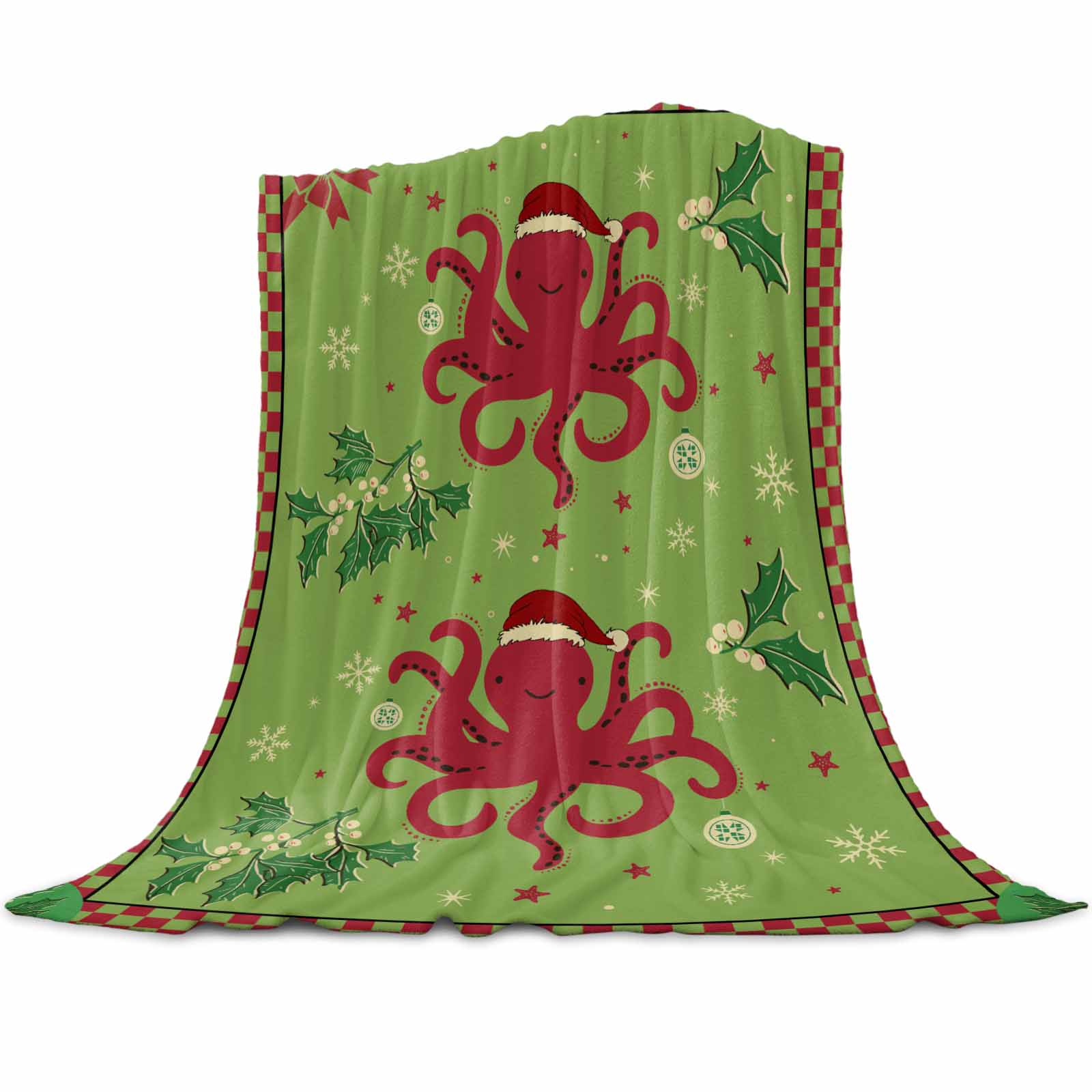 Christmas Coastal Fleece Blankets for Couch, Nautical Octopus Snowflake