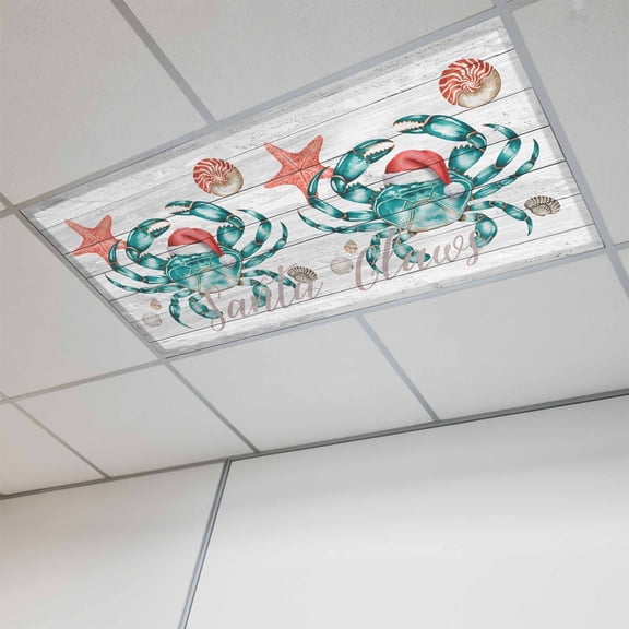 Christmas Coastal Fluorescent Light Covers, Ocean Crab Starfish Conch Wooden Grain Magnetic Light Covers for Ceiling Lights, Fluorescent Ceiling Shade for Classroom Bedroom Office 4x2Ft x 1PCS