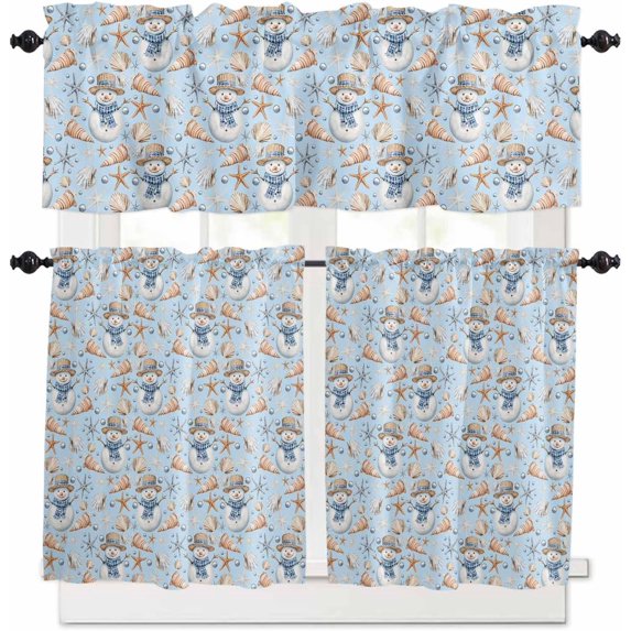 Christmas Coastal Kitchen Curtains and Valances Set, Rod Pocket Curtains Tier Farmhouse Window Curtains 24 Inch Length, Snowman Sea Shell Conch Starfish Blue 3 Piece Kitchen Curtains Set