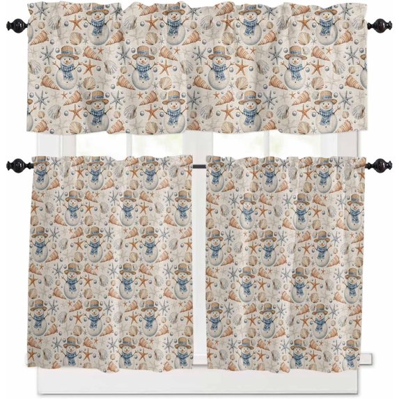 Christmas Coastal Kitchen Curtains and Valances Set, Rod Pocket Curtains Tier Farmhouse Window Curtains 36 Inch Length, Nautical Snowman Shell Conch Starfish 3 Piece Kitchen Curtains Set