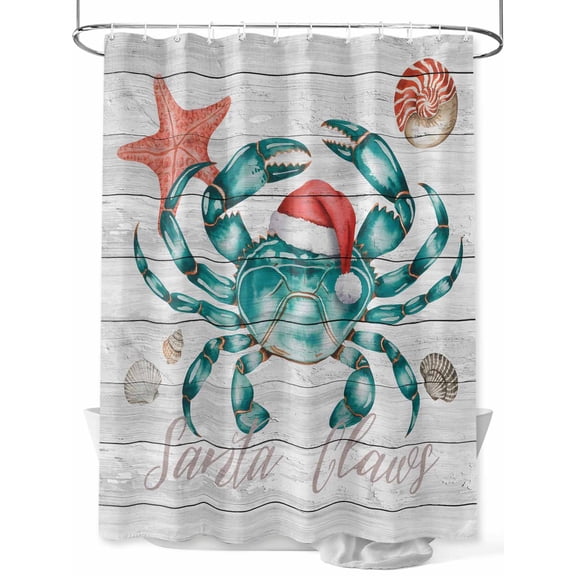 Christmas Coastal Long Shower Curtain Set, Waterproof Shower Curtains for Bathroom, Ocean Crab Starfish Conch Wooden Grain Washable Fabric Cloth Bath Curtain for Bathtub with Hooks 72x84 Inches
