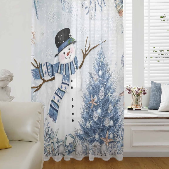 Christmas Coastal Semi Sheer Curtains Drapes for Living Room,Bedroom,French Doors Window 45 Inches Long,Blue Snowman Pine Tree Starfish Coral Rod Pocket Chiffon Curtain Drapery Voile Draperies Panel