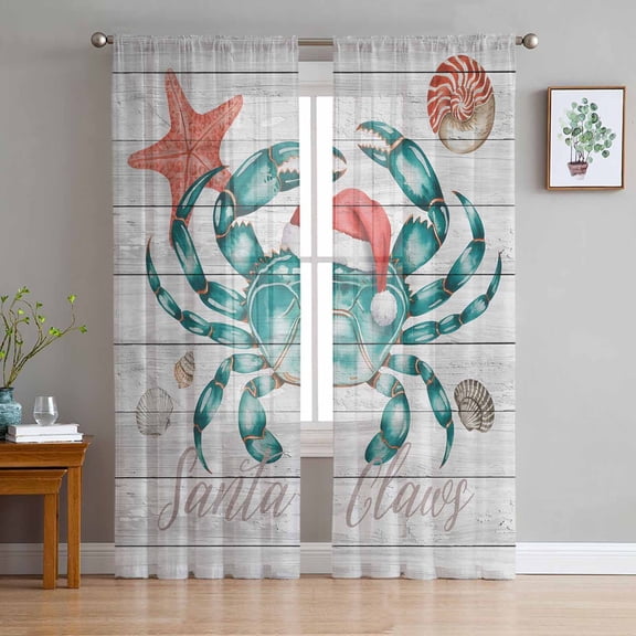 Christmas Coastal Sheer Curtains 63 Inch Length 2 Panels Set for Living Room/Bedroom, Ocean Crab Starfish Conch Wooden Grain Curtain Sheers Drapes Rod Pocket Curtains Window Treatment Set 52''x63''x2