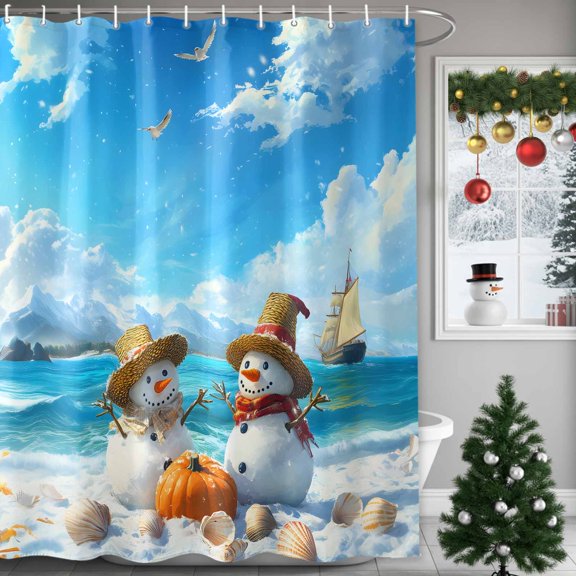 Christmas Coastal Shower Curtains for Bathroom, Snowman Beach Pumpkin Snow Mountain Sea Waterproof Fabric Shower Curtain for Bathroom Bathtub Decoration, Machine Washable, 54x"78"