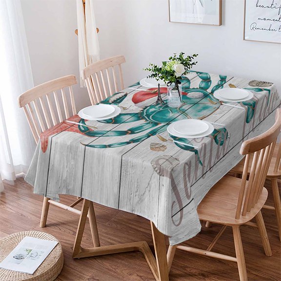 Christmas Coastal Tablecloth Rectangle Table Cloth 60x102 , Waterproof Tablecloth Outdoor Table Cloth, Ocean Crab Starfish Conch Wooden Grain Washable Table Cover for Kitchen Dining Party