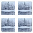 thumbnail image 1 of Christmas Coaster Set of 4, Frozen Lake in Winter Blizzard Forest Water Cold Icy Pure Rural Nature Scenery View, Square Hardboard Gloss Coasters, Standard Size, White, by Ambesonne, 1 of 2