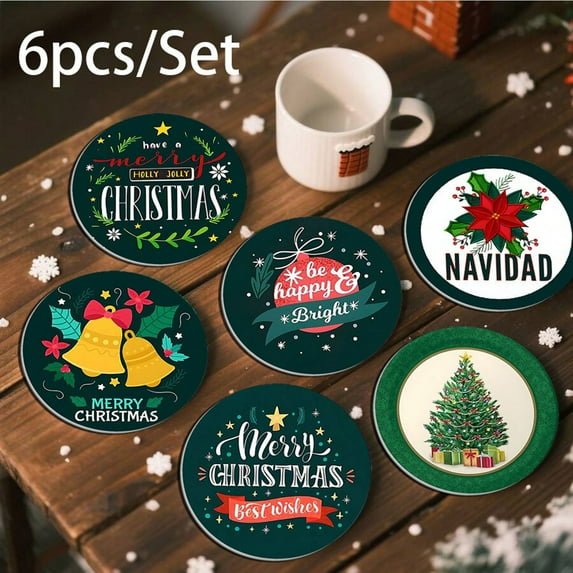Christmas Coaster Set 6 Pcs Green Holiday Theme Heat Resistant Coaster Table Protection for Christmas Party Dining Decor and Festive Home Decoration