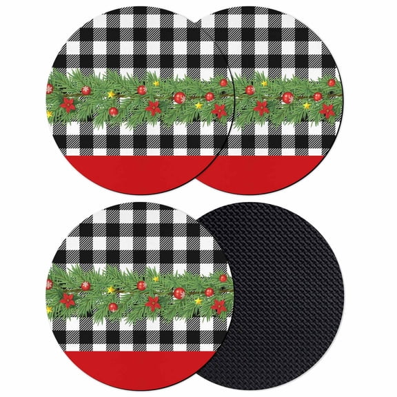 Christmas Coasters Set of 4, Absorbent Coasters for Drinks, Red Green Xmas Botanical Berry Black Checkered Coaster for Desk Coffee Table Protection, Home Decor House Warming Gifts 4"