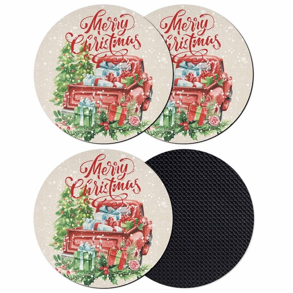 Christmas Coasters Set of 4, Absorbent Coasters for Drinks, Red Truck Pine Tree Snowflake Branches Flowers Coaster for Desk Coffee Table Protection, Home Decor House Warming Gifts 4"