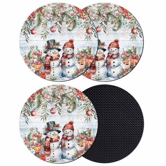 Christmas Coasters Set of 4, Absorbent Coasters for Drinks, Snowman Poinsettia Leaves Balls Wooden Grain Coaster for Desk Coffee Table Protection, Home Decor House Warming Gifts 4"
