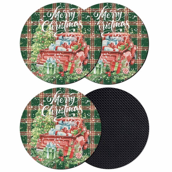 Christmas Coasters Set of 4, Absorbent Coasters for Drinks, Winter Truck Pine Tree Green Red Striped Plaid Coaster for Desk Coffee Table Protection, Home Decor House Warming Gifts 4"