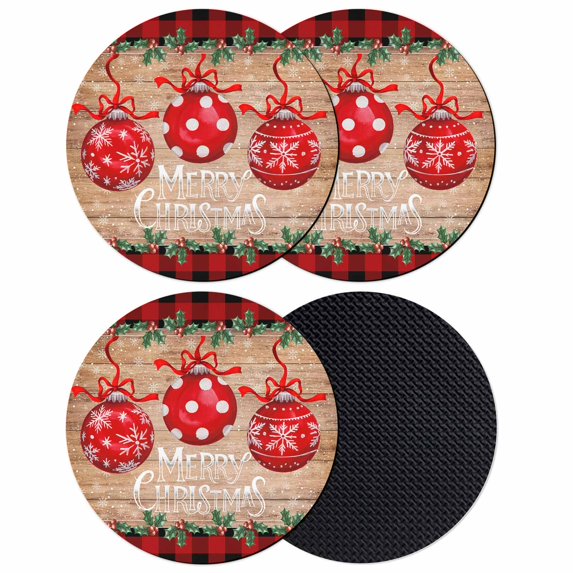 Christmas Coasters Set of 4, Absorbent Coasters for Drinks, Xmas Balls Snowflakes Trees Red Plaid Wooden Coaster for Desk Coffee Table Protection, Home Decor House Warming Gifts 4"