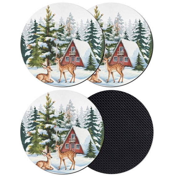 Christmas Coasters Set of 4, Absorbent Coasters for Drinks, Xmas Winter Forest Tree Deer Snowflakes Coaster for Desk Coffee Table Protection, Home Decor House Warming Gifts 4"