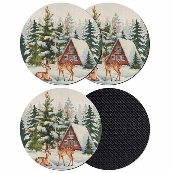 Christmas Coasters Set of 4, Absorbent Coasters for Drinks, Xmas Winter Vintage Forest Tree Deer Snowflakes Coaster for Desk Coffee Table Protection, Home Decor House Warming Gifts 4"
