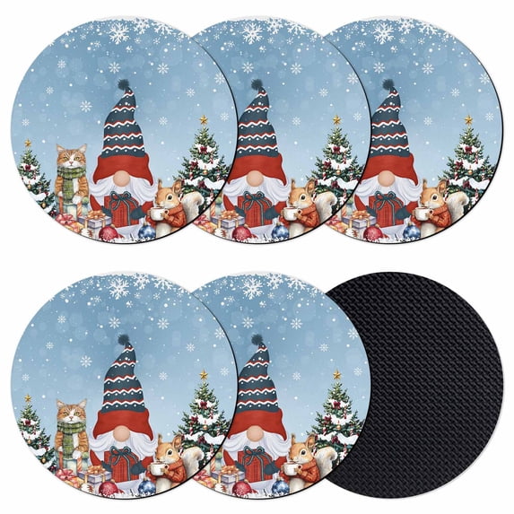Christmas Coasters Set of 6, Absorbent Coasters for Drinks, Gnomes Cat Squirrel Xmas Pine Tree Winter Snow Coaster for Desk Coffee Table Protection, Home Decor House Warming Gifts 4"