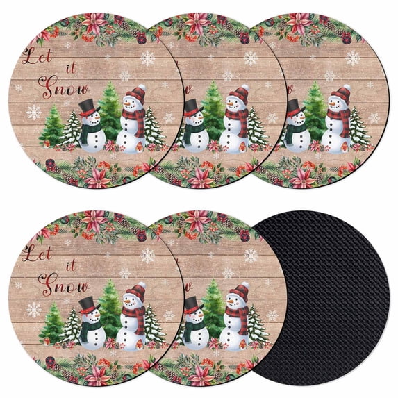 Christmas Coasters Set of 6, Absorbent Coasters for Drinks, Snowman Snowflake Xmas Tree Winter Wooden Coaster for Desk Coffee Table Protection, Home Decor House Warming Gifts 4"