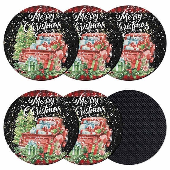 Christmas Coasters Set of 6, Absorbent Coasters for Drinks, Truck Snowflake Pine Tree Black Red Plaid Coaster for Desk Coffee Table Protection, Home Decor House Warming Gifts 4"