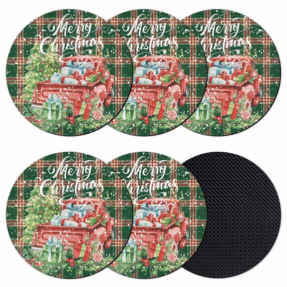 Christmas Coasters Set of 6, Absorbent Coasters for Drinks, Winter Truck Pine Tree Green Red Striped Plaid Coaster for Desk Coffee Table Protection, Home Decor House Warming Gifts 4"