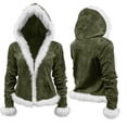 thumbnail image 1 of Christmas Coat for Women Long Sleeve Hooded Solid Faux Fur Hem Jacket with Pockets Olive Green 2XL, 1 of 5